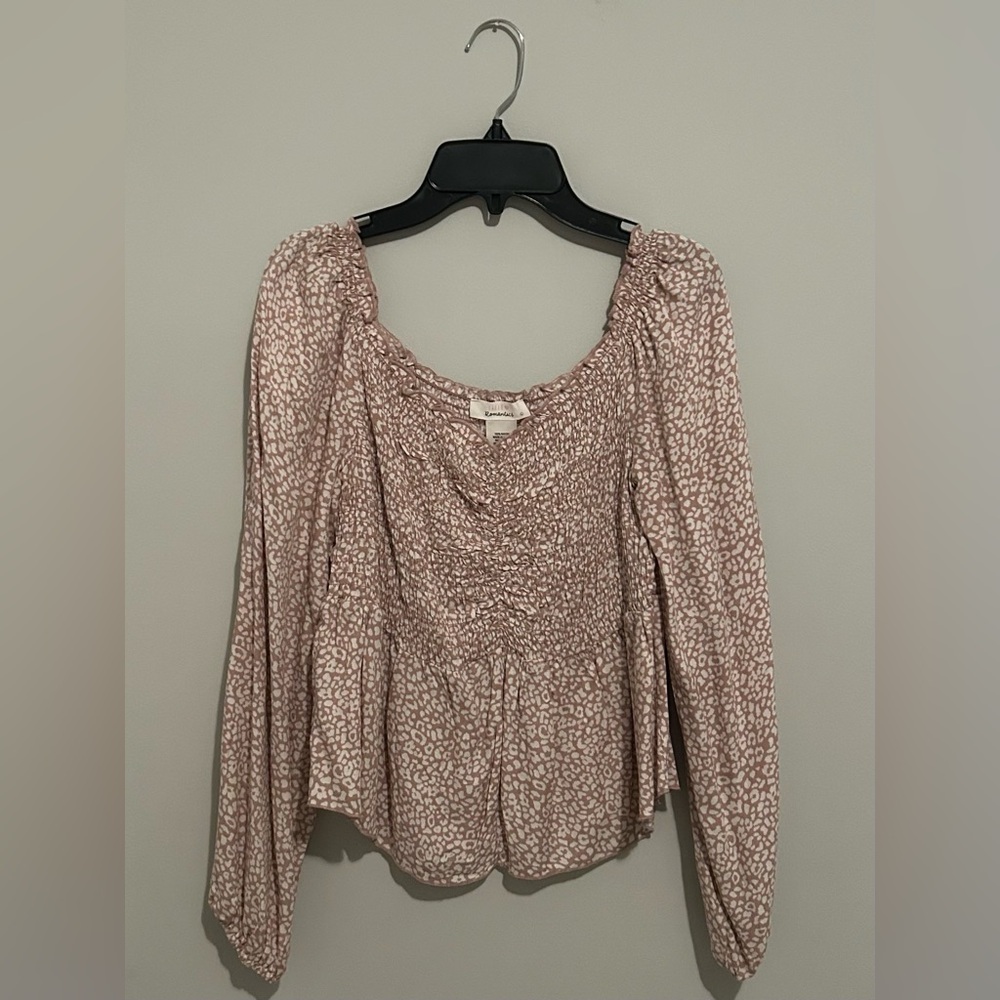 Smocked Long-Sleeve Animal Print Blouse - Mauve Pink